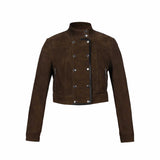 Saint Alora Olive Suede Leather Women Collar Jackets