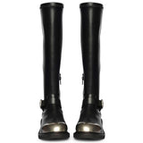 Saint Ember Metal Toe Buckle Strap Black Stretch Napa Long Boots