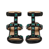 Saint Shirley Heels: Black Leather, Stylish Green Stone Embellishments