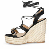 Black Leather Wedges with Glam Stone 