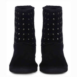 Chic and edgy Saint Estrella Metal Studded Black Suede Snug Boots – your stylish statement for a bold and comfortable stride