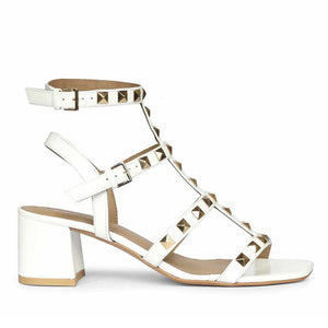 Saint Angela White Patent Leather Metal Studded Block Heels