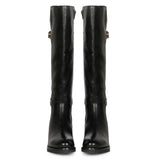 Saint Bijoy Buckle Decorative Black Leather Long Boots