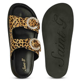 Saint Marta Crystal Buckle Leo Print Hair-On Leather Sandals