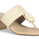 Saint Stevie Stone Jeweled Beige Raffia Block Heels