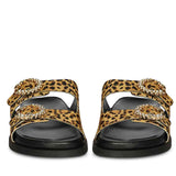 Saint Marta Crystal Buckle Leo Print Hair-On Leather Sandals