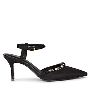 Leila Multi Stone Embellished Black Nylon Fabric Pumps