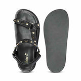 Saint Zoya Pearl Metal Studs Black Leather Sandals