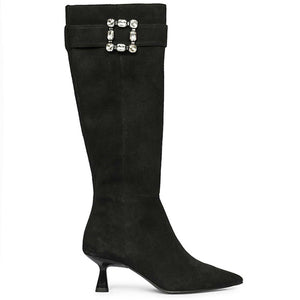 Saint Valeria Crystal Buckle Black Suede Leather Long Boots