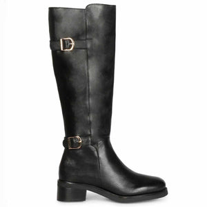 Saint Bijoy Buckle Decorative Black Leather Long Boots