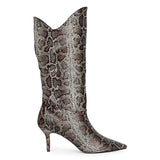 Make a bold fashion statement with Saint Rocio's snake print brown leather calf boots.