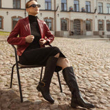 Saint Marisa Gold Buckle Decorative Black Leather Long Boots