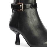 Saint Alondra Buckle Decor Black Leather Kitten Heel Boots