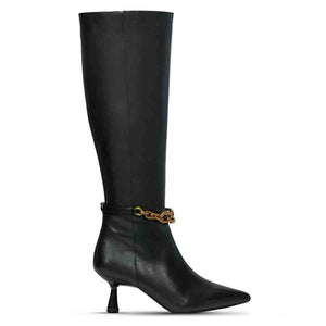 Saint Freya Chain Embellished Black Leather Long Boots