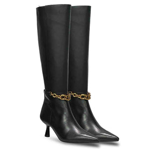 Saint Freya Chain Embellished Black Leather Long Boots