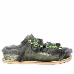 Saint Gemma Diamante Buckles Pastel Green Fur Sandals