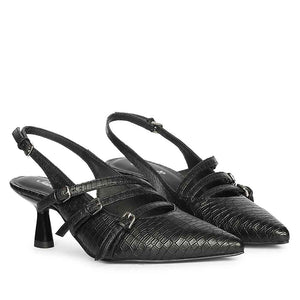 Saint Kayla Buckle Straps Black Croc Embossed Leather Pumps