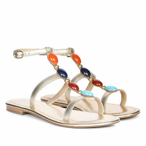 Saint Tyas Multi Stone Gold Metallic Leather Sandals