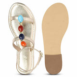 Saint Tyas Multi Stone Gold Metallic Leather Sandals