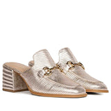 Golden Elegance: Saint Jasmine Lizard Print Leather Mocs, a blend of style and comfort.