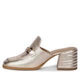 Golden Elegance: Saint Jasmine Lizard Print Leather Mocs, a blend of style and comfort.