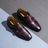 Saint Alboin Two Color Toned Red Leather Double Buckled Monk Strap Shoes - SaintG