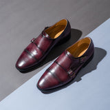 Saint Alboin Two Color Toned Red Leather Double Buckled Monk Strap Bespoke Set - SaintG India