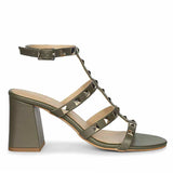 Saint Angela Gold Studs Olive Leather Block Heels
