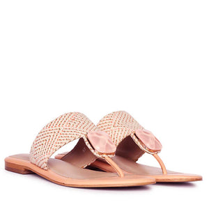 Saint Beau Stone Jeweled Pink Leather-Raffia Flat Sandals