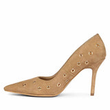 Saint Remi Eyelet Embellished Beige Suede Leather Pumps