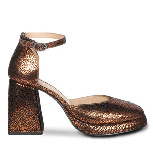 Glamorous Saint Emma Block Heels – Shiny Bronze Leather
