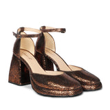 Glamorous Saint Emma Block Heels – Shiny Bronze Leather
