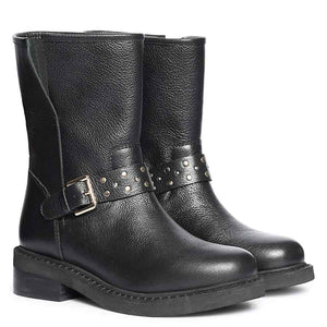 Saint Harley Studded Harness Mid-Calf  Black Leather Boots