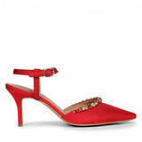 Leila Multi Stone Embellished Red Nylon Fabric Pumps