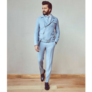 Blue Leather Double Buckle Monk Brogue Shoes for men