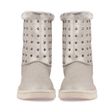 Saint Cassandra Silver Glitter Snug Boots with Metal Studs - Chic and comfy footwear for a stylish statement