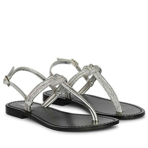 Saint Elsie Crystal Cord Metallic Silver Leather Flat Sandals