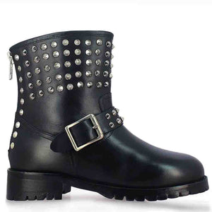 Giuseppina Metal Studded Black Leather Biker Boots