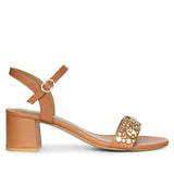 Saint Ella Stones Embellished Tan Leather Block Heels