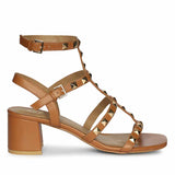 Saint Angela Tan Leather Metal Studded Block Heels