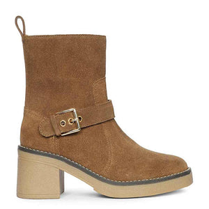Saint Carmen Buckle Tan Suede Leather Ankle Boots