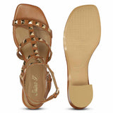 Saint Angela Tan Leather Metal Studded Block Heels