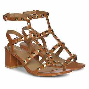Saint Angela Tan Leather Metal Studded Block Heels
