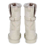 Chic ivory suede boots with decorative buckle, crafted by Saint Aurelia for snug comfort and style