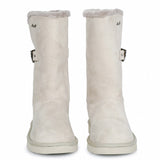 Chic ivory suede boots with decorative buckle, crafted by Saint Aurelia for snug comfort and style