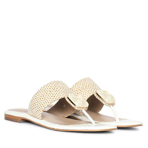 Saint Beau Stone Jeweled White Raffia Flat Sandals