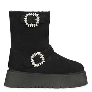 Saint Nordova Crystal Buckle Black Suede Leather Snug Boots