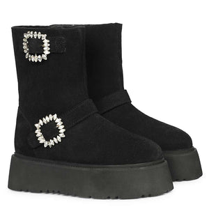 Saint Nordova Crystal Buckle Black Suede Leather Snug Boots