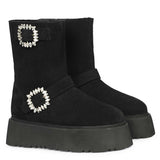 Saint Nordova Crystal Buckle Black Suede Leather Snug Boots