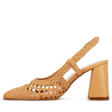 Saint Delaney Ocra: Hand-woven leather block heels, a perfect blend of style and comfort.